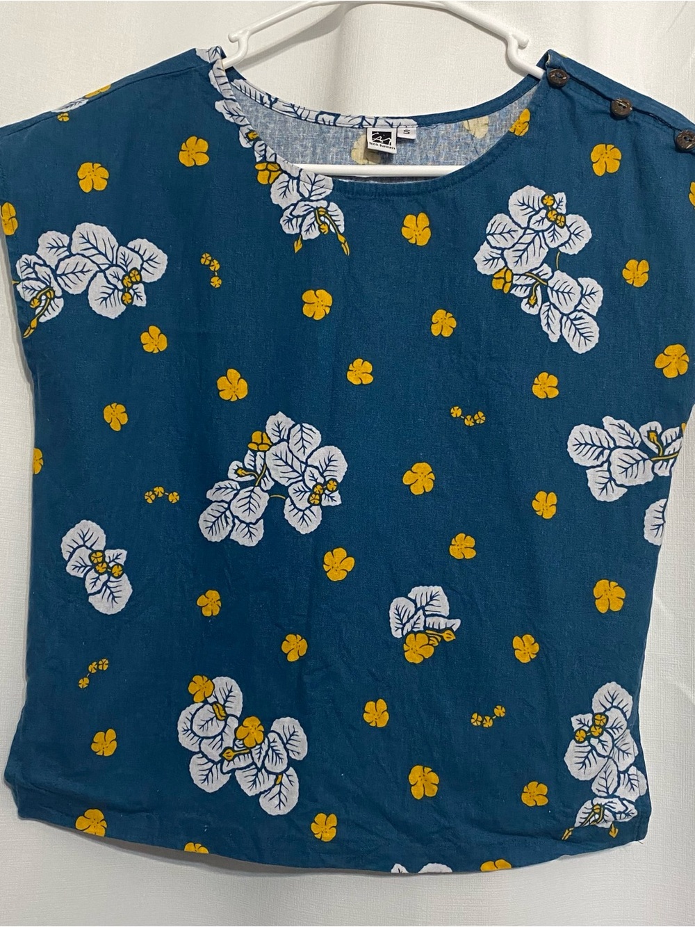 Sig Zane Hilo Hawaii Teal Yellow White Floral Leaf Design Blouse Women Small